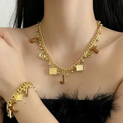 European and American Heavy Industries Metal Chain Block Letter Multi Pendant Tassel Necklace Bracelet Set