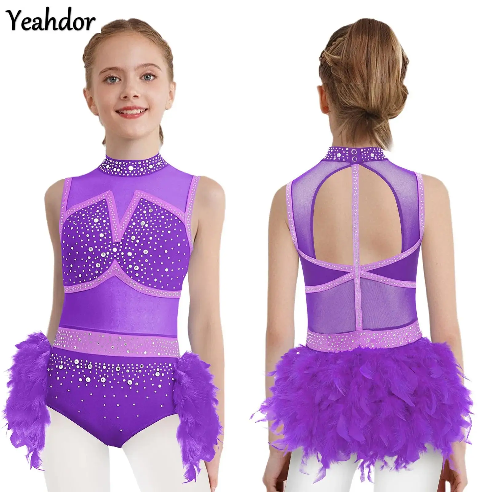 

Kids Girls Ballet Dance Leotard Rhinestones Feather Tutu Skirted Bodysuit Unitard Gymnastic Figure Skating Jazz Latin Dancewear