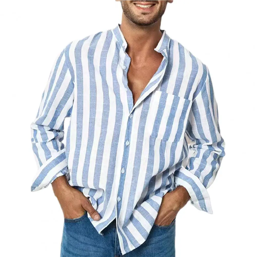 

Large Size Men Shirt Long Sleeve Loose Casual Dress-up Stripe Printing Striped Shirts Casual Linen Buckle Top