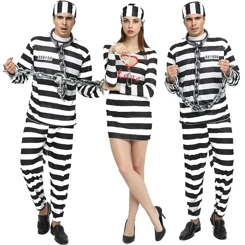 Costumi di Halloween classici a righe da coppia per donne Costume da prigioniero convict ob;8