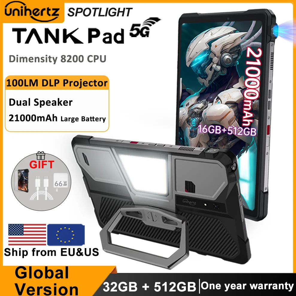 

Unihertz Tank PAD Phone with Projector 8849 Rugged Tablet Dimensity 8200 Android 32GB 512GB 21000mAh 10.95" FHD 5G 66W Tablet