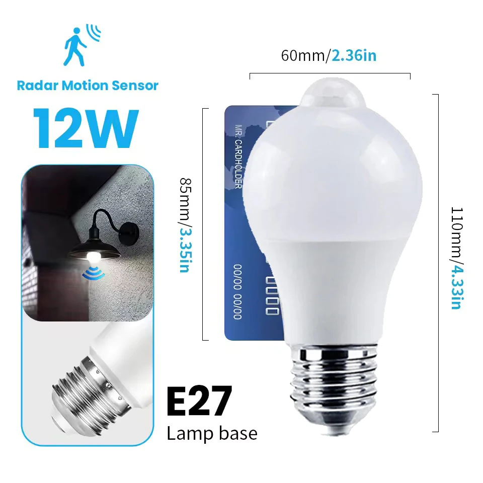 2PCS LED Bulb Light 220V E27 12W Microwave Radar Motion Sensor Built-in Radar/Light Sensors for Home Living Room Stairs Pathway