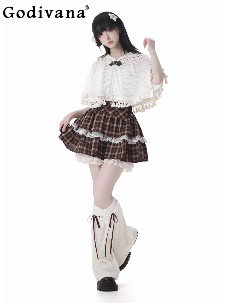 

Japanese College Skirt Set 2025 Summer New Sweet Cool Girl Knitted Suspender Cloak Plaid Splicing Skirt Leg Cover Y2k Outfits