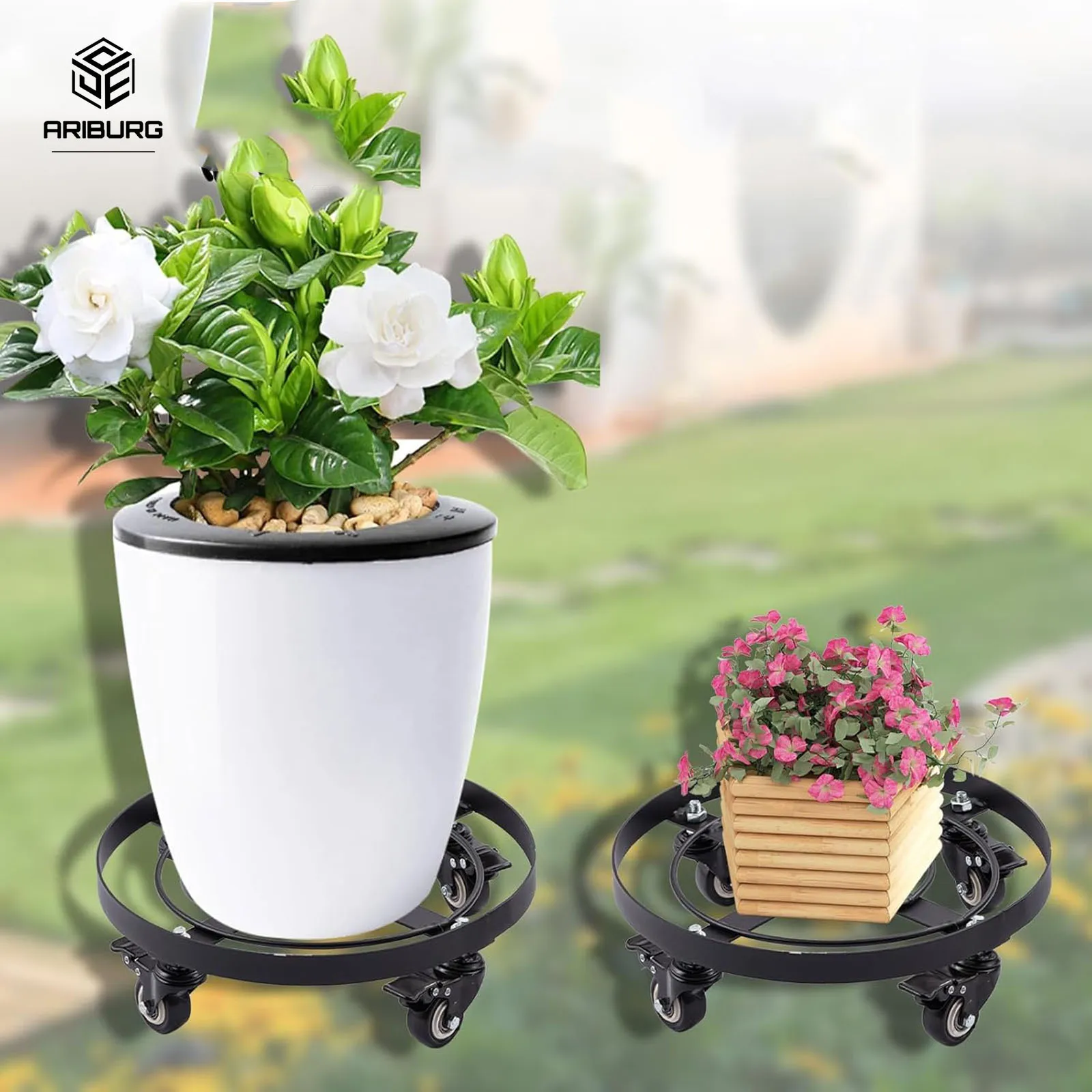 2 PCS Plant Stand with Wheels Heavy Duty Iron Brake Round Pot Mover Rollers Plant Dolly Holder Indoor Outdoor Planter Trolley