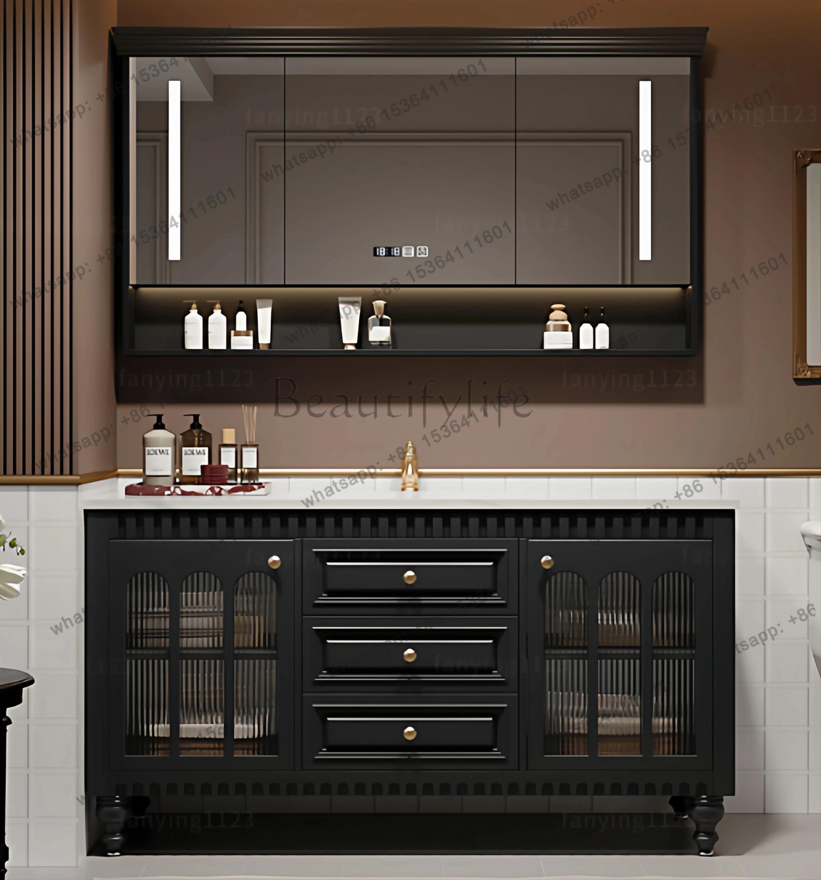 

French oak floor-to-ceiling bathroom cabinet, washstand rock slab basin, face wash basin cabinet