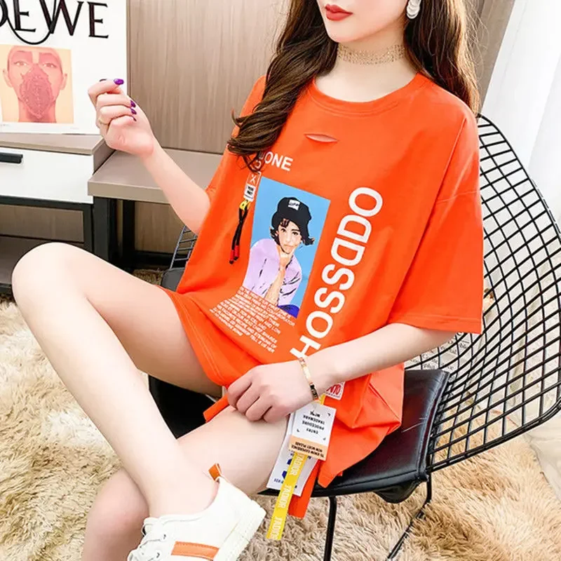 Tops Woman Streetwear Graphic T Shirt for Women Blue Long Anime Korean Emo Popular Clothes Kpop Yk2 Clearance Fashion Clothing