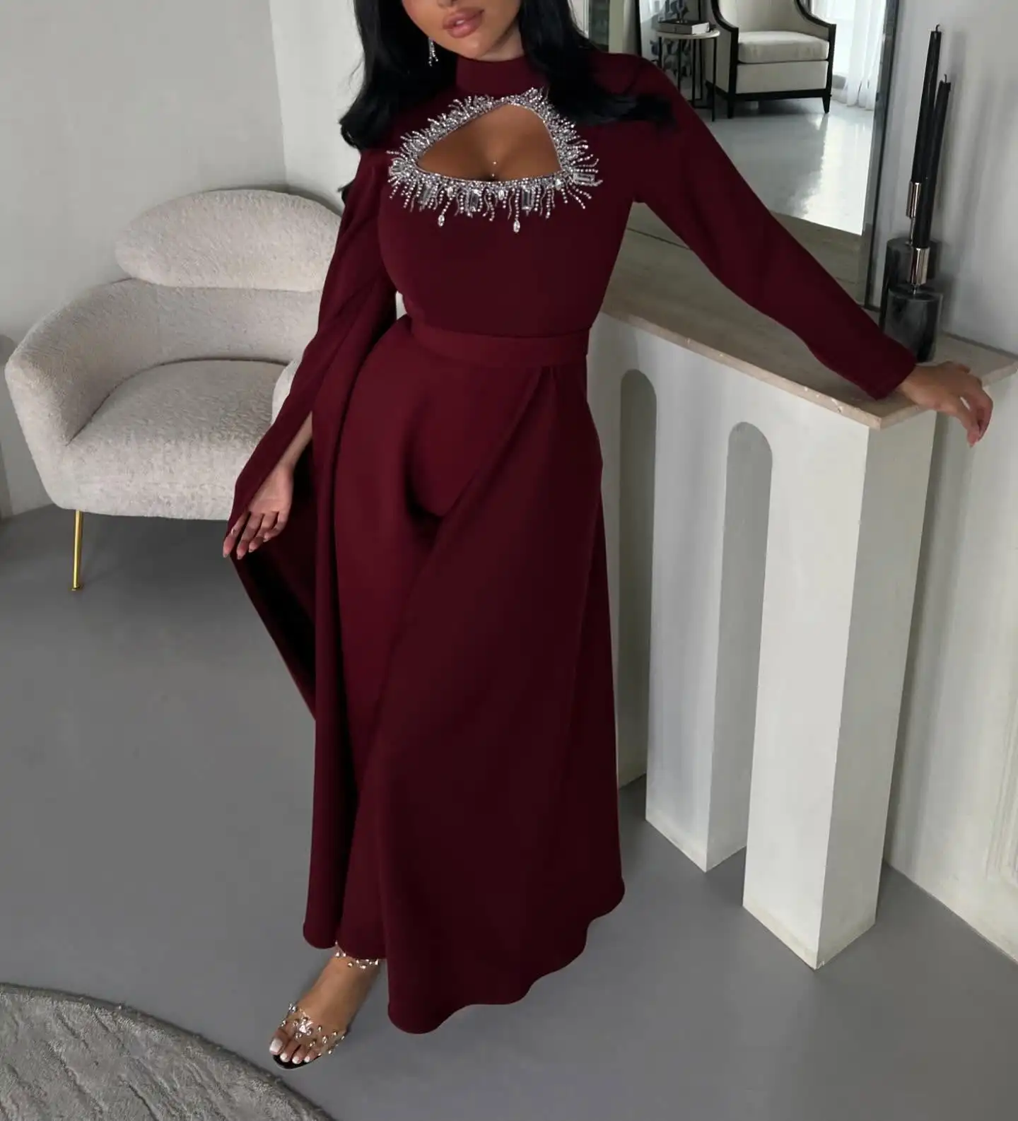 Personalizado elegante borgonha jérsei vestidos de noite clássico miçangas gola alta festa de noiva moda mangas compridas robe de soirée