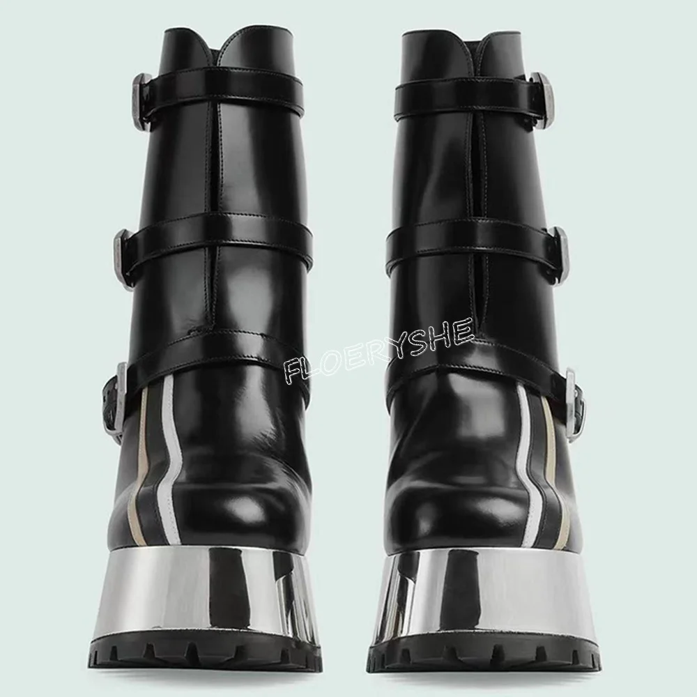Black Leather Platform Ankle Boots New Arrival Mixed Colors Women Round Toe Buckle Chunky High Heel Party Autumn Winter Shoes