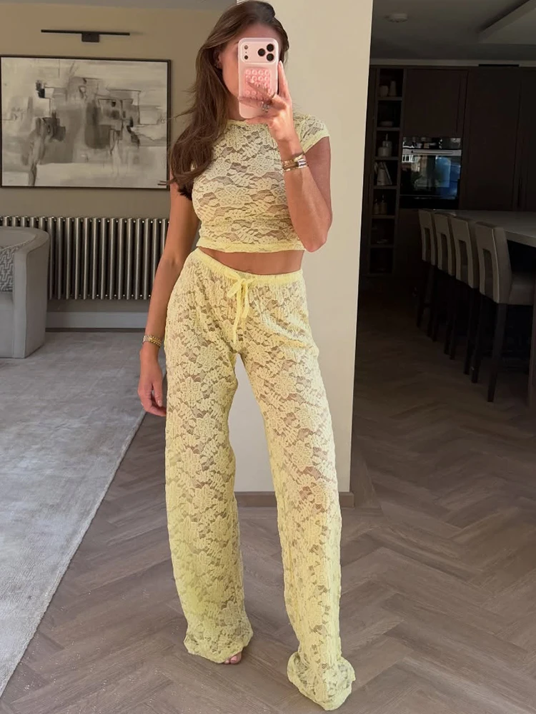 

JULISSA MO Sexy See Through Lace Two Piece Sets Women Yellow Round Neck T-shirt Long Pant Summer Slim Elegant Vacation Beachwear