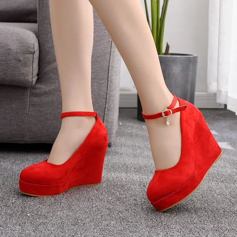 2024 New Bow Wedge Women\'s Shoes Large Size Wedding Party Shoes Black/Red Thick Sole Fashion Women\'s High Heels