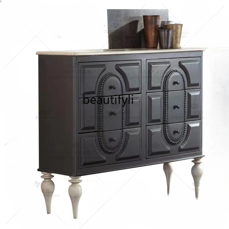 American Country Antique Solid Wood Entrance Cabinet European Carved Sideboard Cabinet French Simplicity Solid Wood Locker