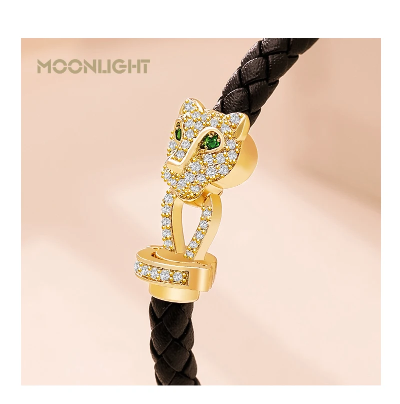 MOONLIGHT Classic Design Exquisite Cheetah Zircon Bracelet for Women Braided Leather Bracelet Quality Banquet Couples Gift