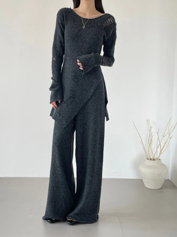 Autumn Faion Maglione di media lunghezza da donna + Pantaloni a gamba larga Set di due pezzi Design con foro chic Abbigliamento casual Vestibilità comoda Taglia per adulti
