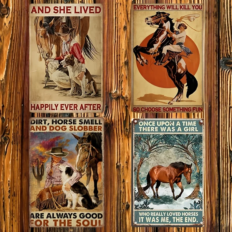 

Horse and Dog Vintage Cowgirl and Horses Tin Sign Room Decoration Cowboy Animal Lovers Tin Sign 12x8 Inch for Bedroom Club Bar