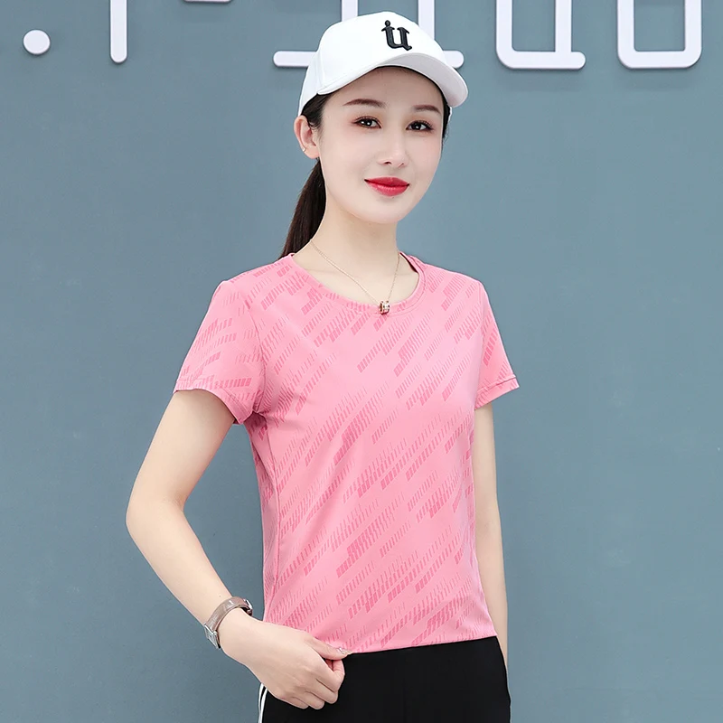 Women'S Fashion Printed Versatile Round Neck Ice Silk Speed Short Sleeve Dry T-Shirt Summer Mesh Breathable Running Fitness Top