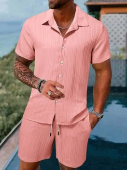 2024 novo verão cor sólida lapela camisa de manga curta terno havaiano praia shorts streetwear terno de alta qualidade