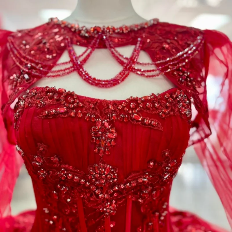 

Red Quinceanera Dress off-shoulder long sleeves crystal decal Long tail vestidos de 15 Quinceanera ﻿Customize