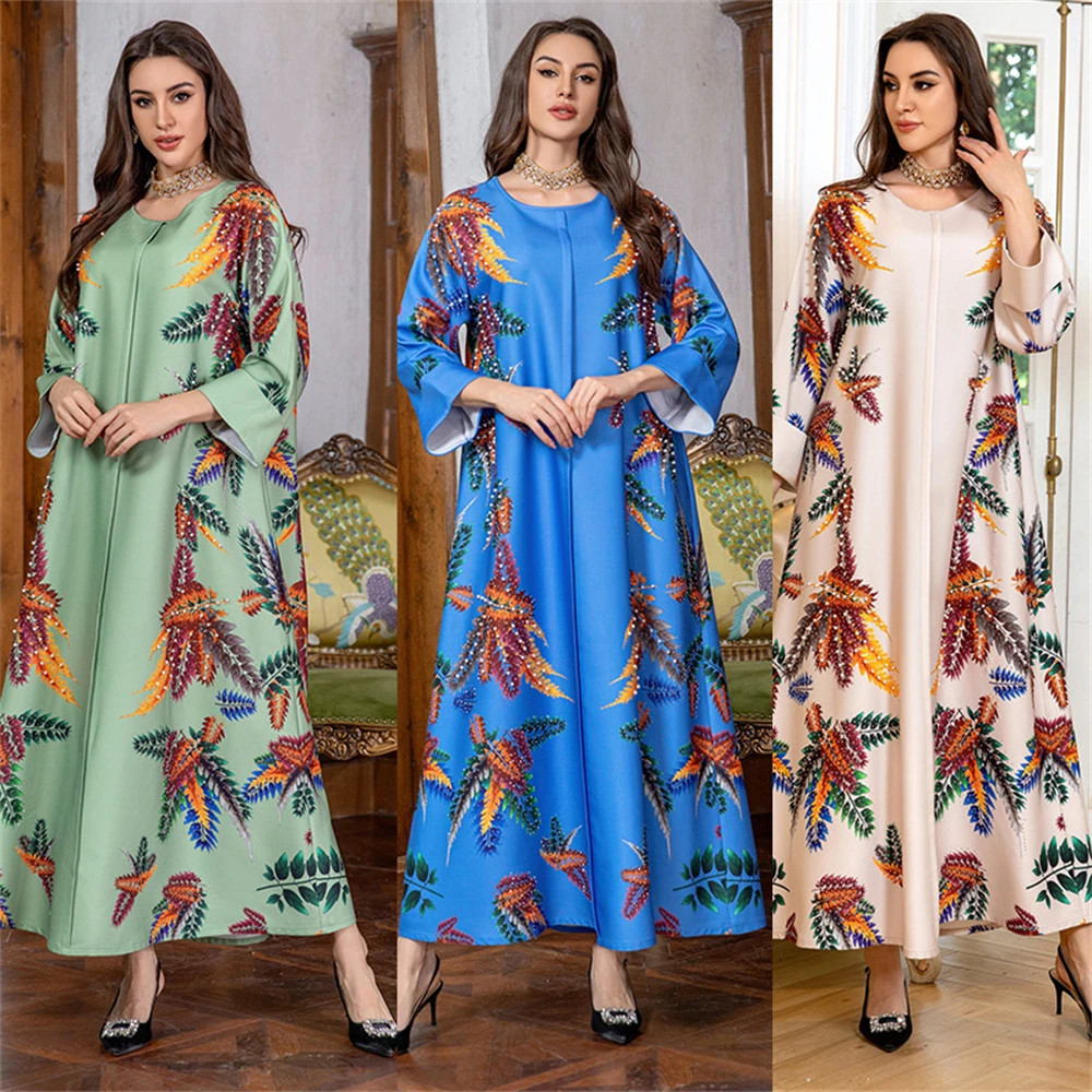 

Eid Ramadan Muslim Women Oriental Dresses Arab Fashion Dubai Leaf Printing Beading Casual Abayas Jalabiyat Moroccan Saudi Kaftan