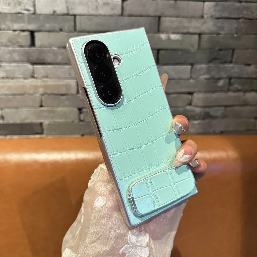 

For Samsung Z Fold 7 6 5 4 3 Luxury Slim Crocodile Print Leather Shockproof Bumper Anti Drop Phone Case Mirror Bracket Cover