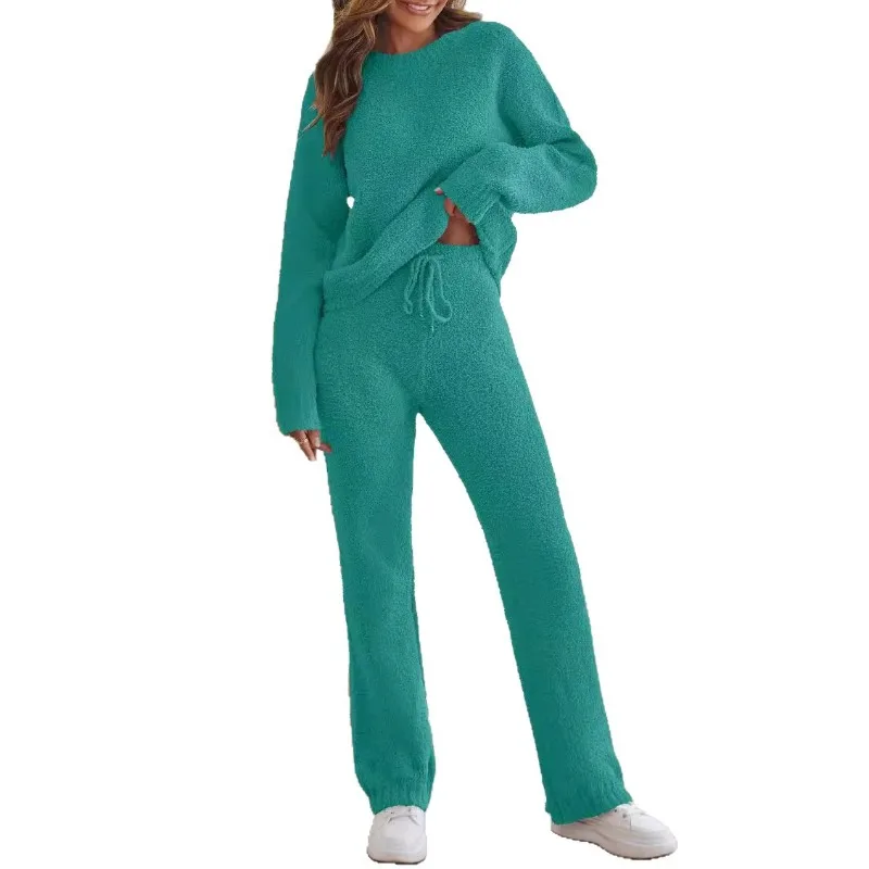 

New Solid Color Women's Round Neck Long Sleeve Trousers Thick Warm Suit European and American Fall and Winter Amazon Underwear