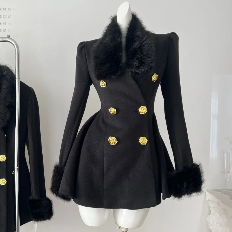 Winter Korean Popular French Elegant Women's Dress Chic Warm Fur Collar Slimming Design Office Lady Vintage Woman Clothes Outfit