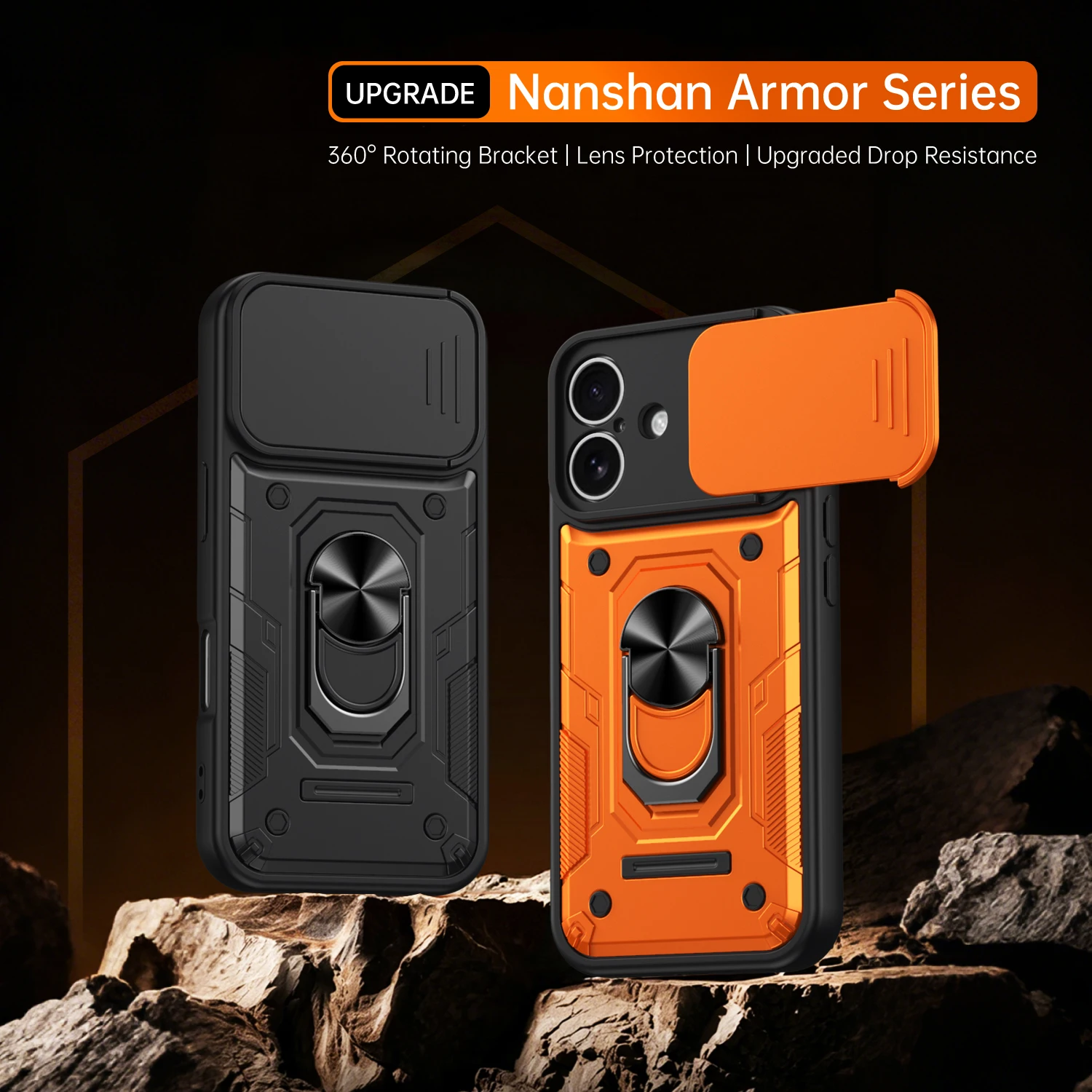 Nanshan Armor Stoßfeste Hülle mit Magnetring-Ständer für iPhone 17 Pro Max 16 Pro Max mit Schiebe-Kameraschutz und Rückabdeckung – Detail 1