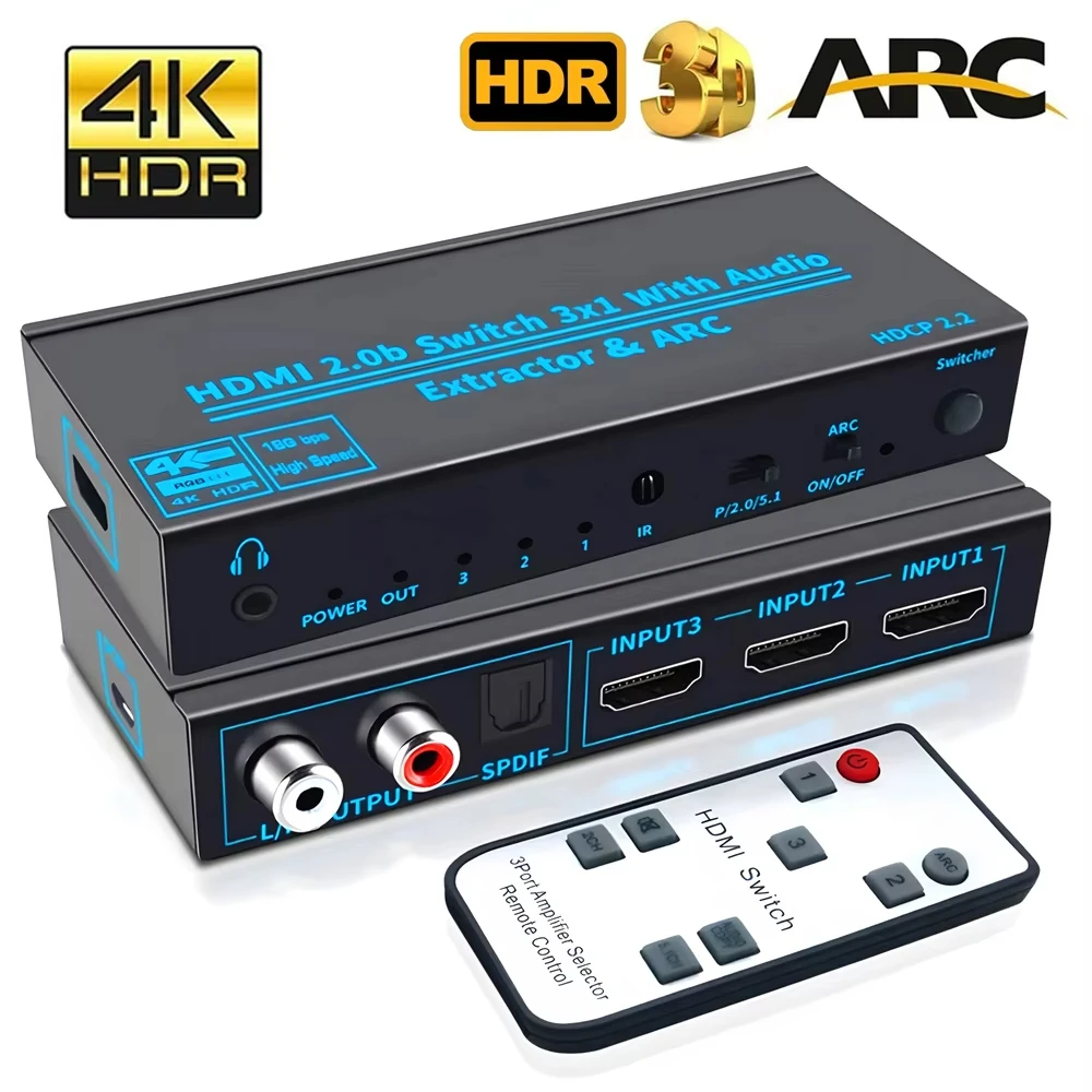 4K@60Hz HDMI 2.0 Audio Extractor 3X1 Switcher Support 5.1Ch HDMI2.0 Audio Switch Toslink SPDIF/Coaxial/Analogue RCA Audio Switch