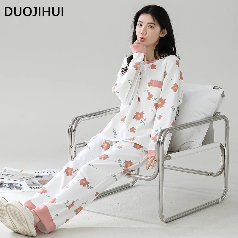 Duojihui Herbst Mode Tasche Pyjama für Frauen klassische O-Ausschnitt Pullover Basic lose Hose einfachen Druck lässig weibliche Pyjamas Set