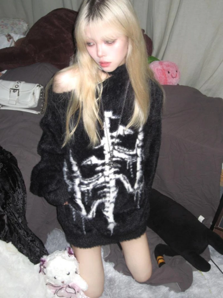 Aesthetic Gothic New Off Shoulder Subculture Loose Sweater Women Autumn Vintage Dark Spicy Girl Y2k High Street Knitted Sweater