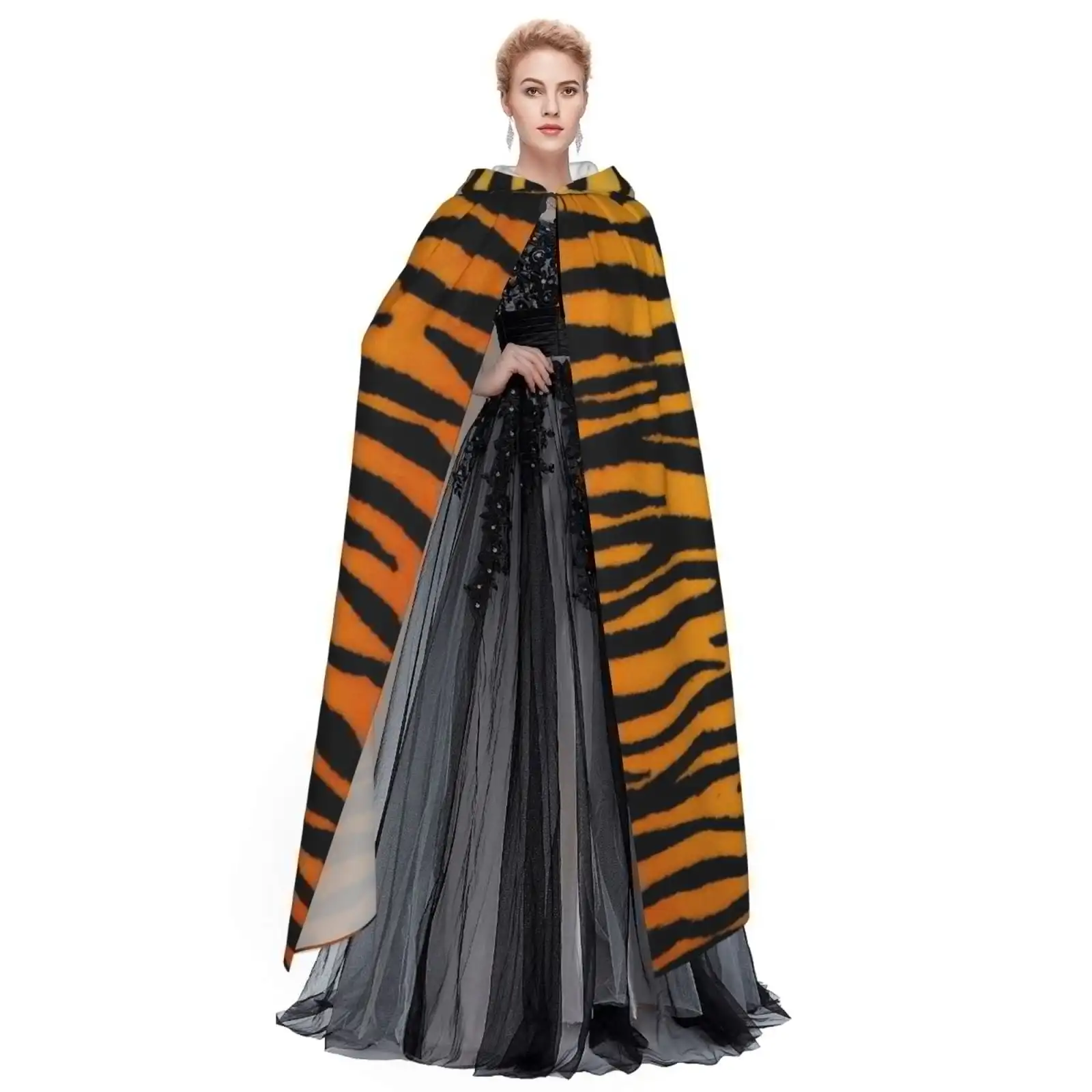 Capa con capucha unisex para adultos, abrigo ligero con estampado de piel de tigre para disfraces de Halloween