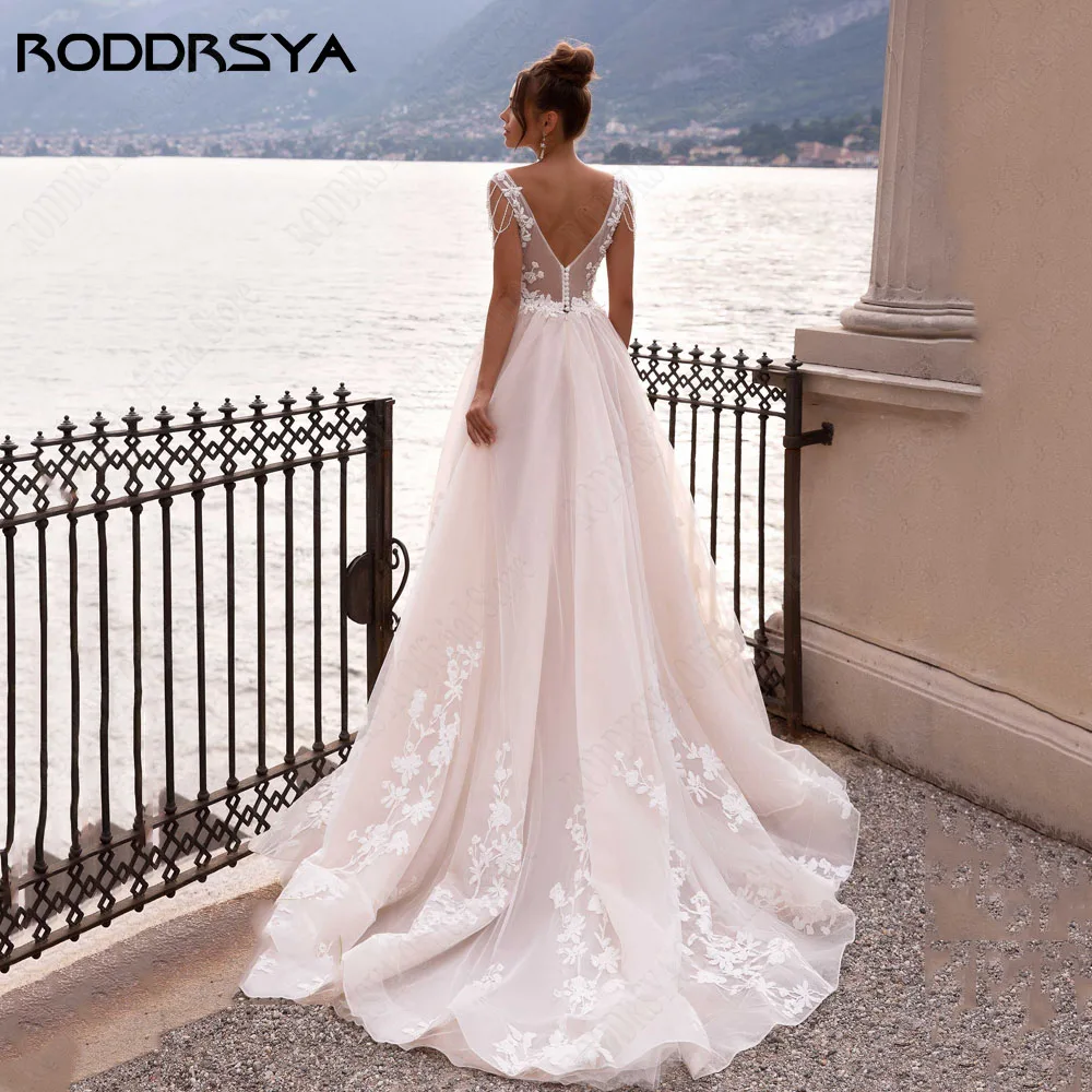 RODDRSYA Beach ชุดแต่งงานแขนกุดสําหรับ 2024 เจ้าสาว A-Line คู่ V คอ Applique Vestidos De Novia CUSTOM Made ชุดเจ้าสาว