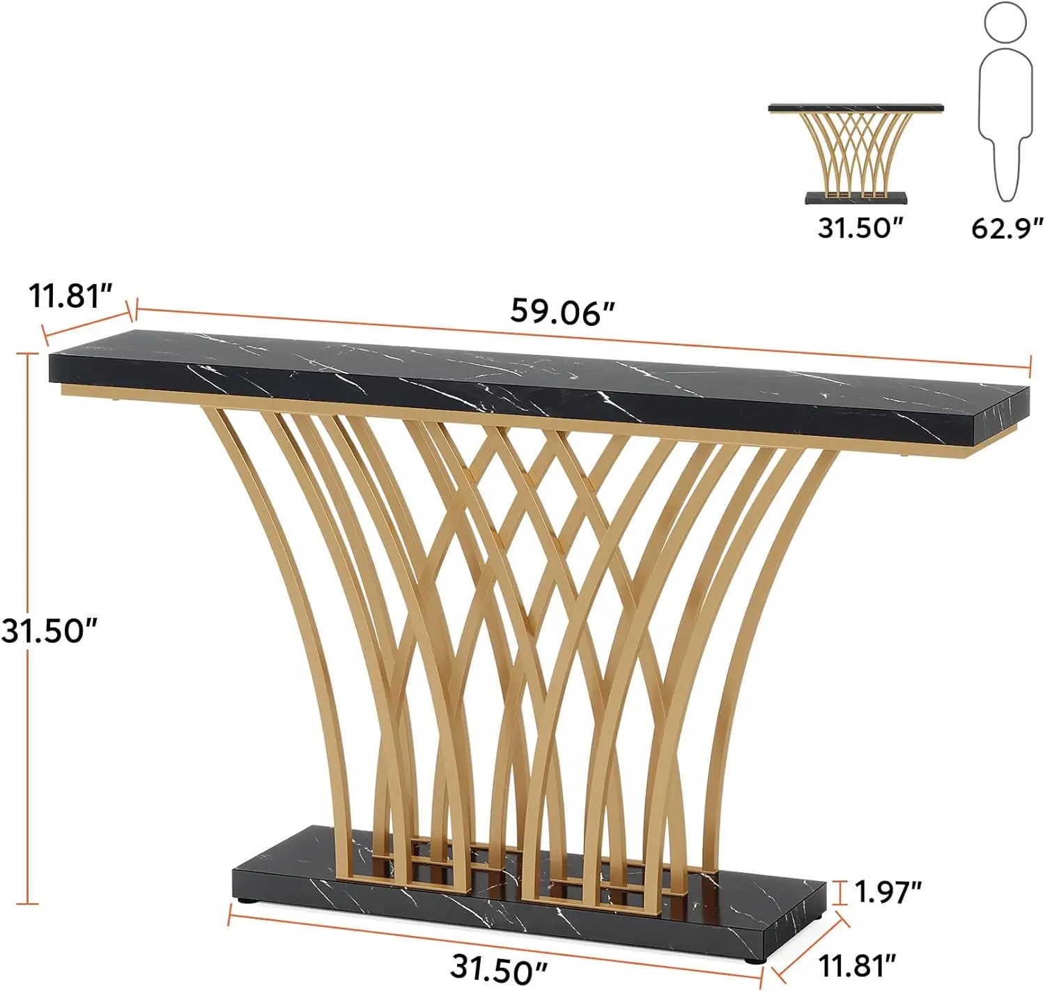 Table console dorée de 59 pouces, table d'entrée moderne avec base métallique en forme de grille pour entrée, couloir, entrée, salon