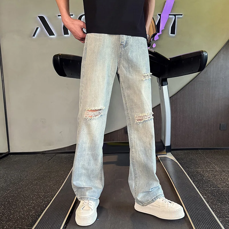 2025 quatro estações moda masculina lavada vintage cor sólida buraco remendado casual na moda solta calças jeans retas masculino jean