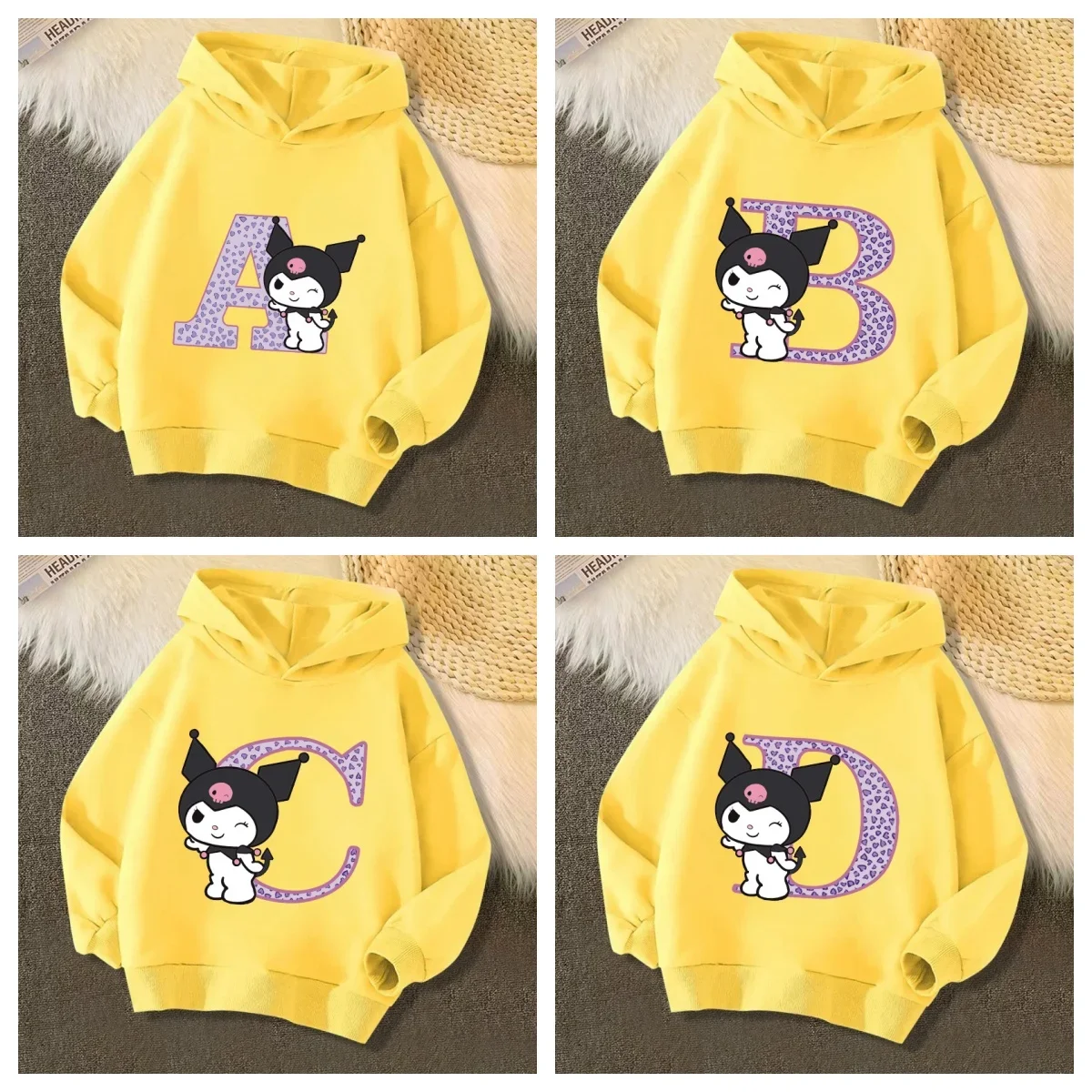 Kuromi Anime Lettera AZ per bambini a maniche lunghe Nuovo Sanrio autunno felpa con cappuccio Vestiti Girly Heart Abiti morbidi Kawaii Regalo di compleanno