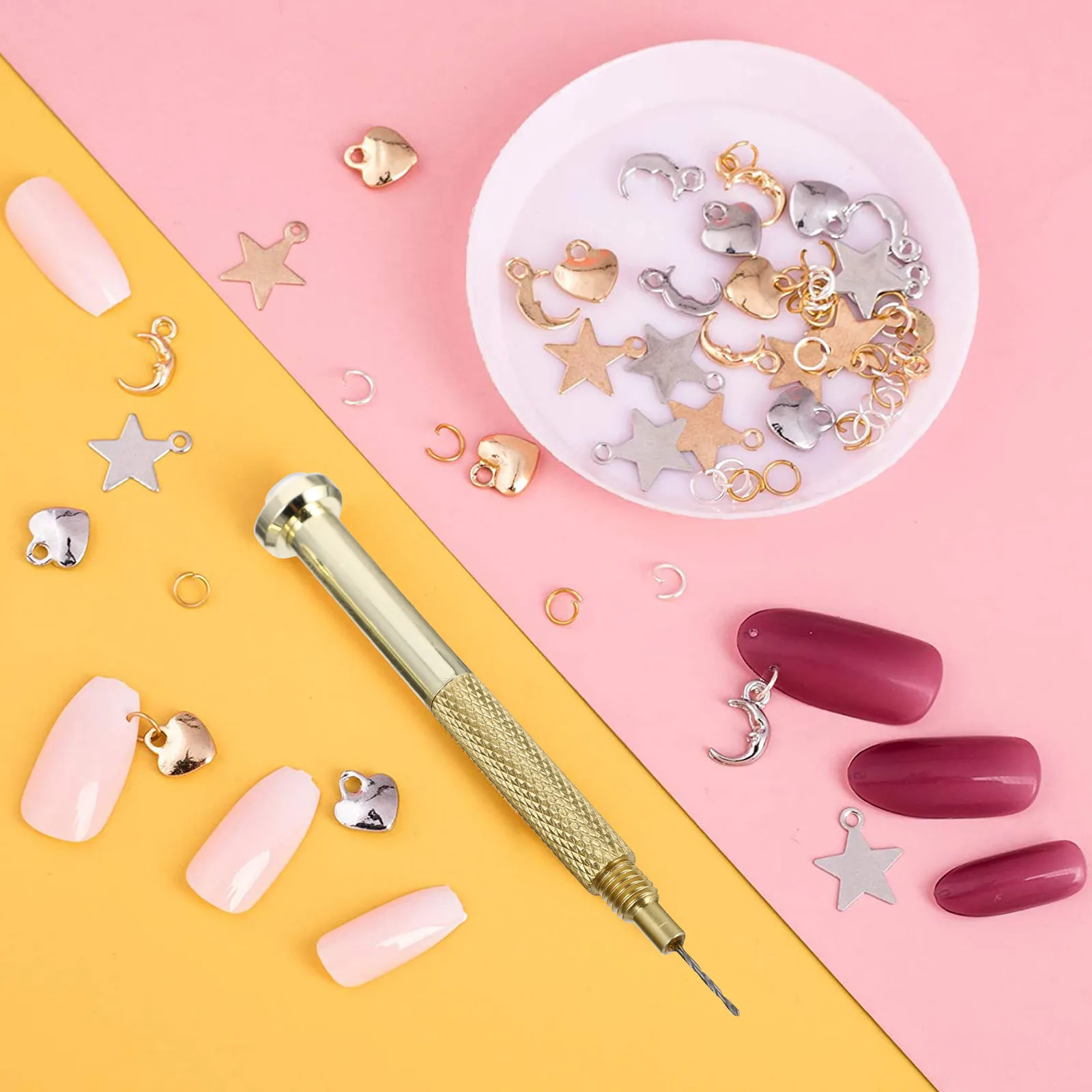 

3Pcs Nail Hand Drill Metal Piercing Tool Durable Nail Art Accessory Jewelry Charm Piercing Device for Acrylic Gel Tip