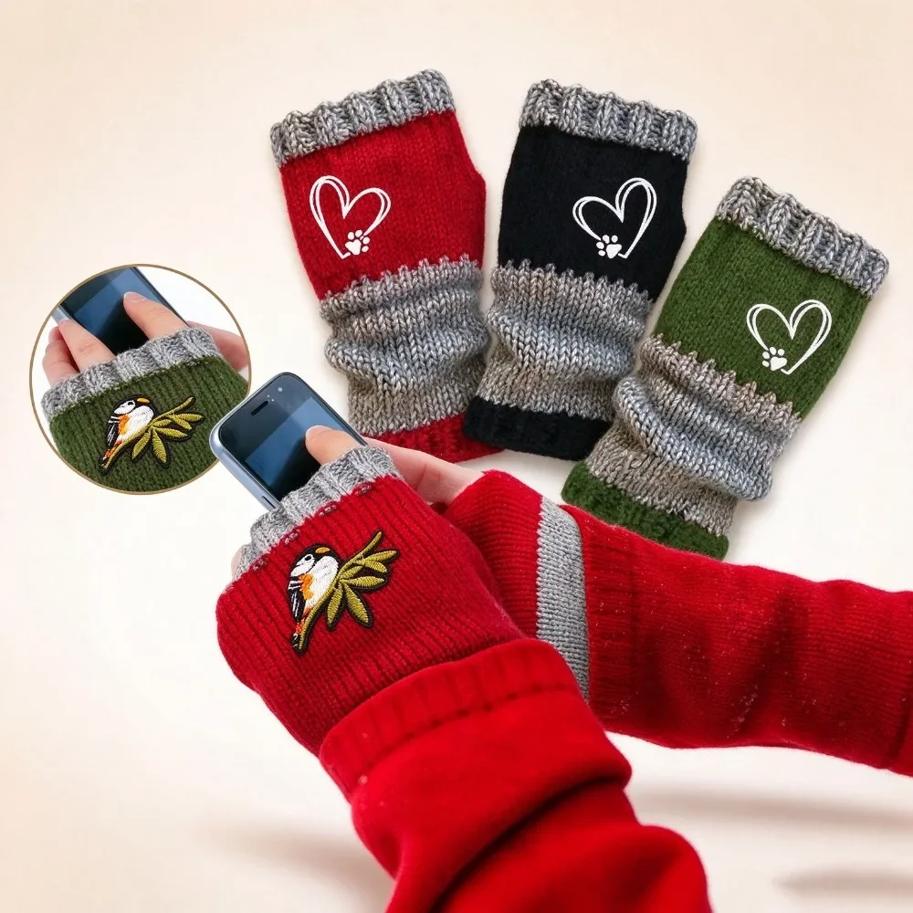 Autumn Winter Women Knitted Spliced Embroidered Gloves Warm Touch Screen Fashion Ladies Gloves