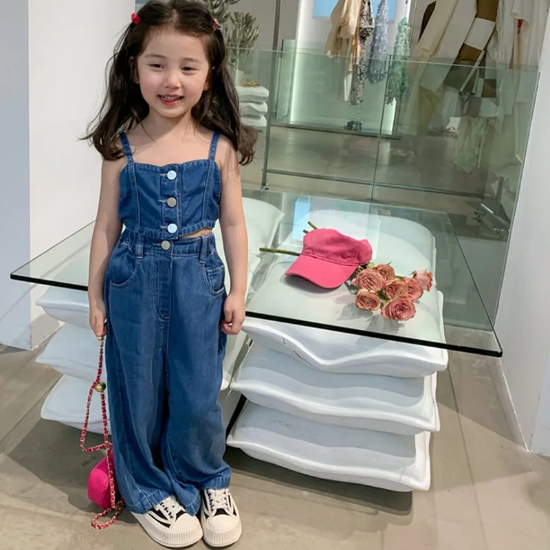 Kids Clothing Girls 2 Pieces Sets Suspender Pants Sleeveless Jeans Wide Leg Solid Color Button 2023 Summer New Fashion Cute