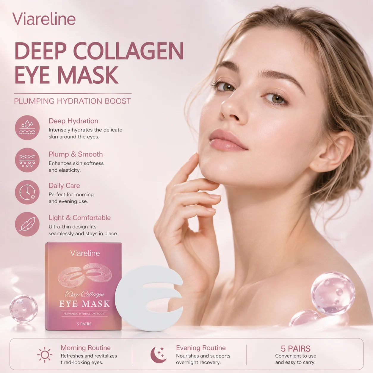Viareline Deep Collagen Eye Patches Under Eye Puffiness Treatment Anti-Wrinkle Eye Bags Removal Smoothing Moisturizing Eye Mask
