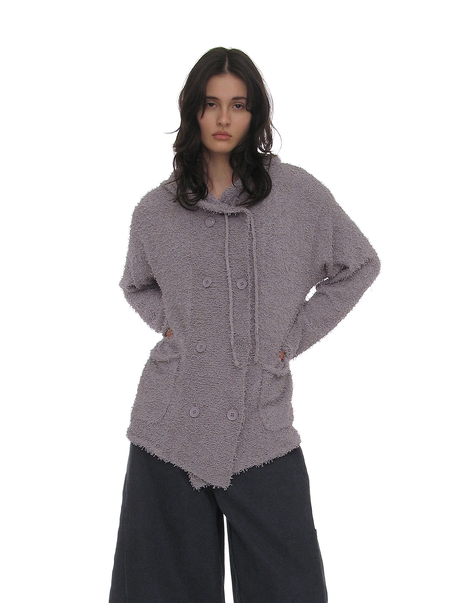 

Partimento Textured Nylon Yarn Hooded Open Cardigan Double Button Drawstring Furry Texture Outerwear Casual Loose Fit Knitted...