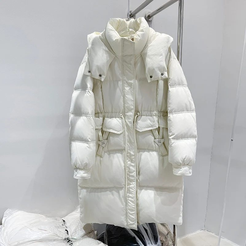Schinteon Women White Duck Down Long Jacket Autumn Winter Casual Over Size Outwear Drawstring with Hood Korean Style Coat 2024