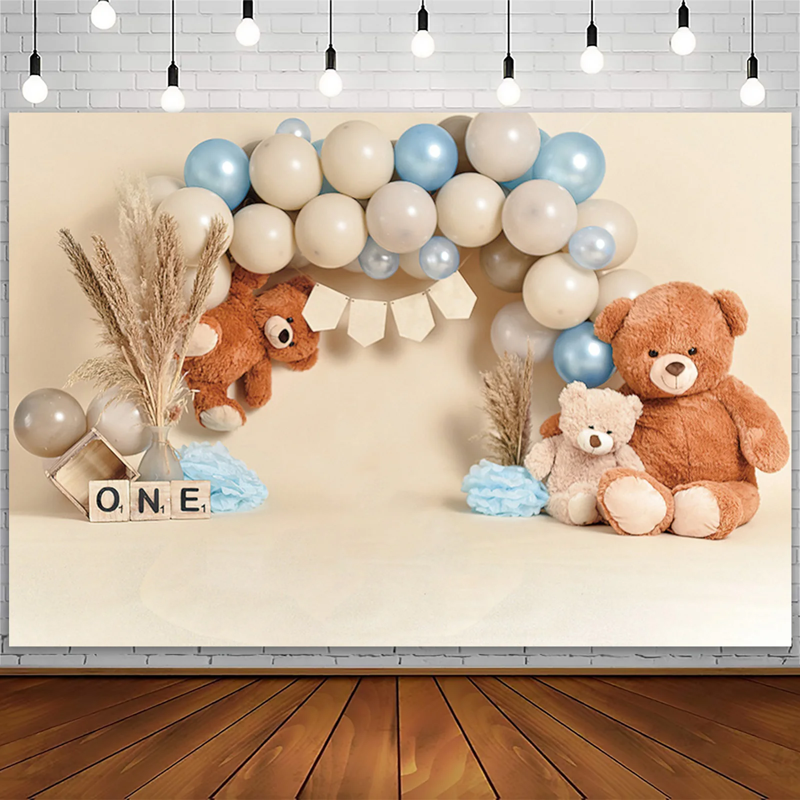 Cute Bear Photography Background White Clouds Colorful Balloons Party Decor Backdrop Kids Cake Smash 1st Birthday Photozone