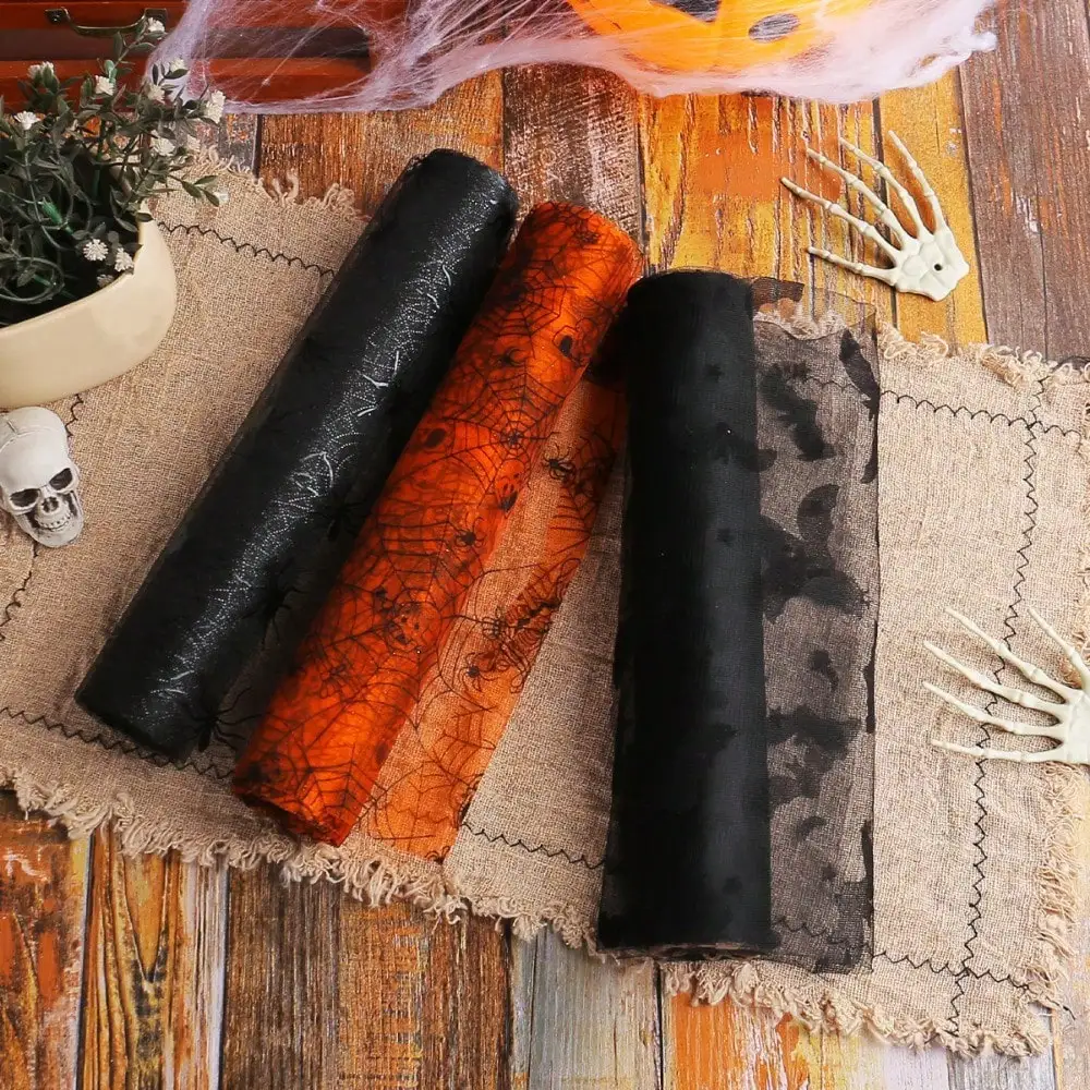 Halloween Tulle Placemats Table Runner Gauze Texture with Spider Web & Bat Prints Spooky Dining Decor for Parties Table Settings