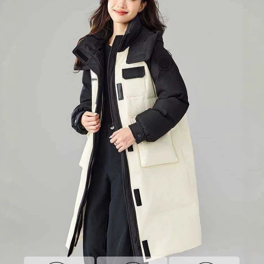Women's Autumn Winter Padded Coat Puffer Jacket Top Outerwear Designer Style Patchwork Color Blocking Loose Fit Thickened Long