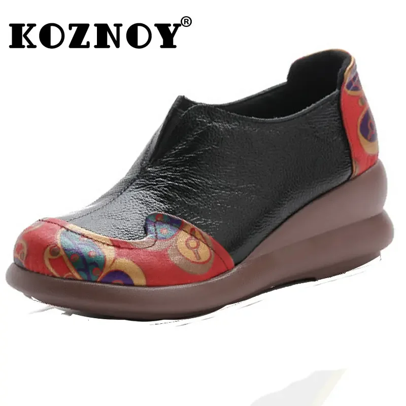 

Koznoy 4cm Genuine Leather Round Toe Leisure Slip on Flats Comfy Mules Females Platform Wedge Print Summer Women Platform Shoes