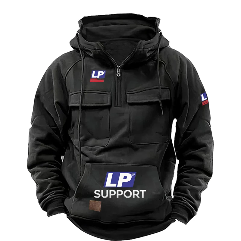 

2026 LP SUPPORT logo New autumn-winter men's hooded solid-color casual hoodie - fashionable young man's multi-pocket patch hood