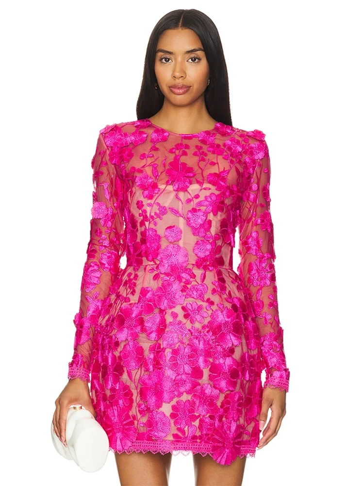 Gala Romantic Glamour 3D Floral-Embroidered Hot Pink Lace Sheer Mini Dress Formal Evening Gown