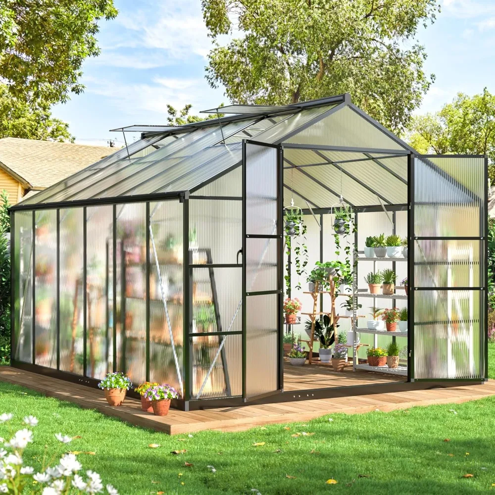 

10x12 FT outdoor reinforced aluminum frame greenhouse that can withstand strong winds or heavy snow, with revolving doors