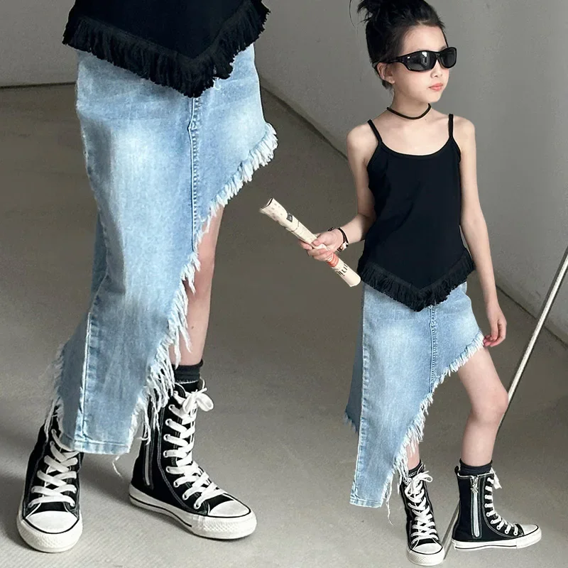 2026 Spring and Summer New Popular Personality Denim Diagonal Skirt for Girls Half Length Skirt Girls Fashion Denim Skirts