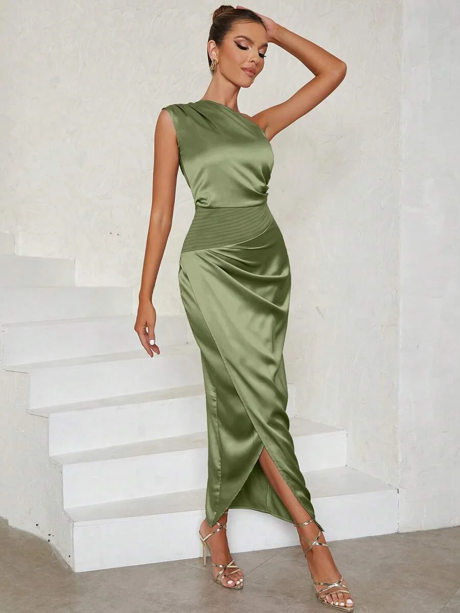 Vintage Elegant Sexy One Shoulder Wrapped High Slit Evening Gown Dress فساتين للمناسبات الرسمية