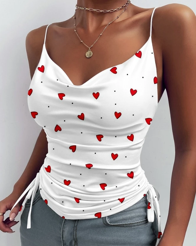 Heart shaped dot print with chest cushion and camisole, women's summer new sexy rope denim neck camouflage top